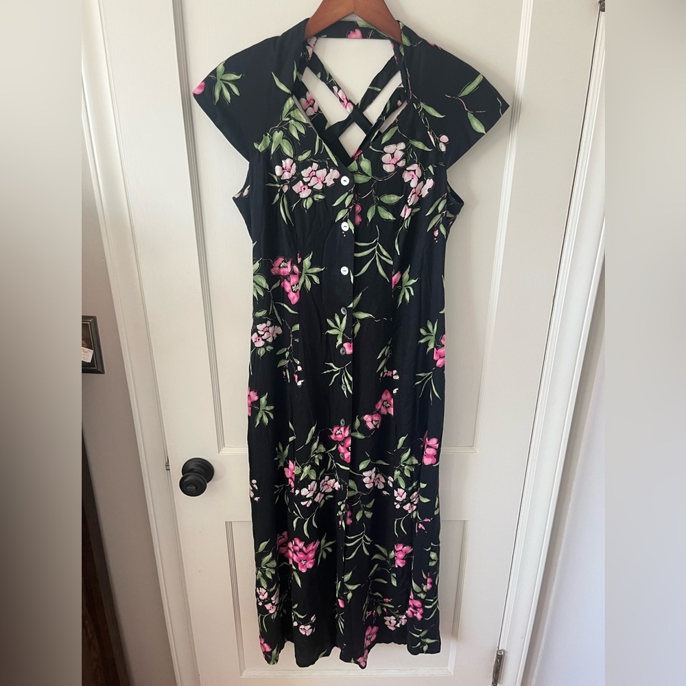VTG 90S DRESSBARN moody pink Floral Black button dress cross back sz 8 50s 60s - Picture 4 of 11